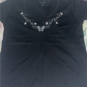 Brandy Melville Black V-Neck Tee with Embroidered Butterfly